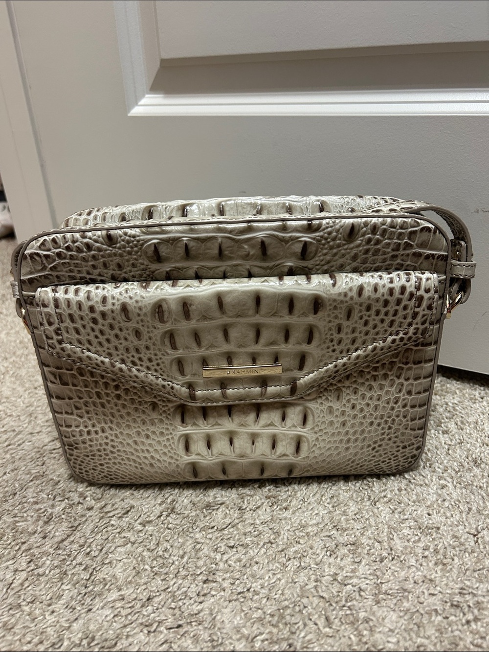 Brahmin Neutral Croc-Embossed Leather Crossbody in Ivory-Taupe